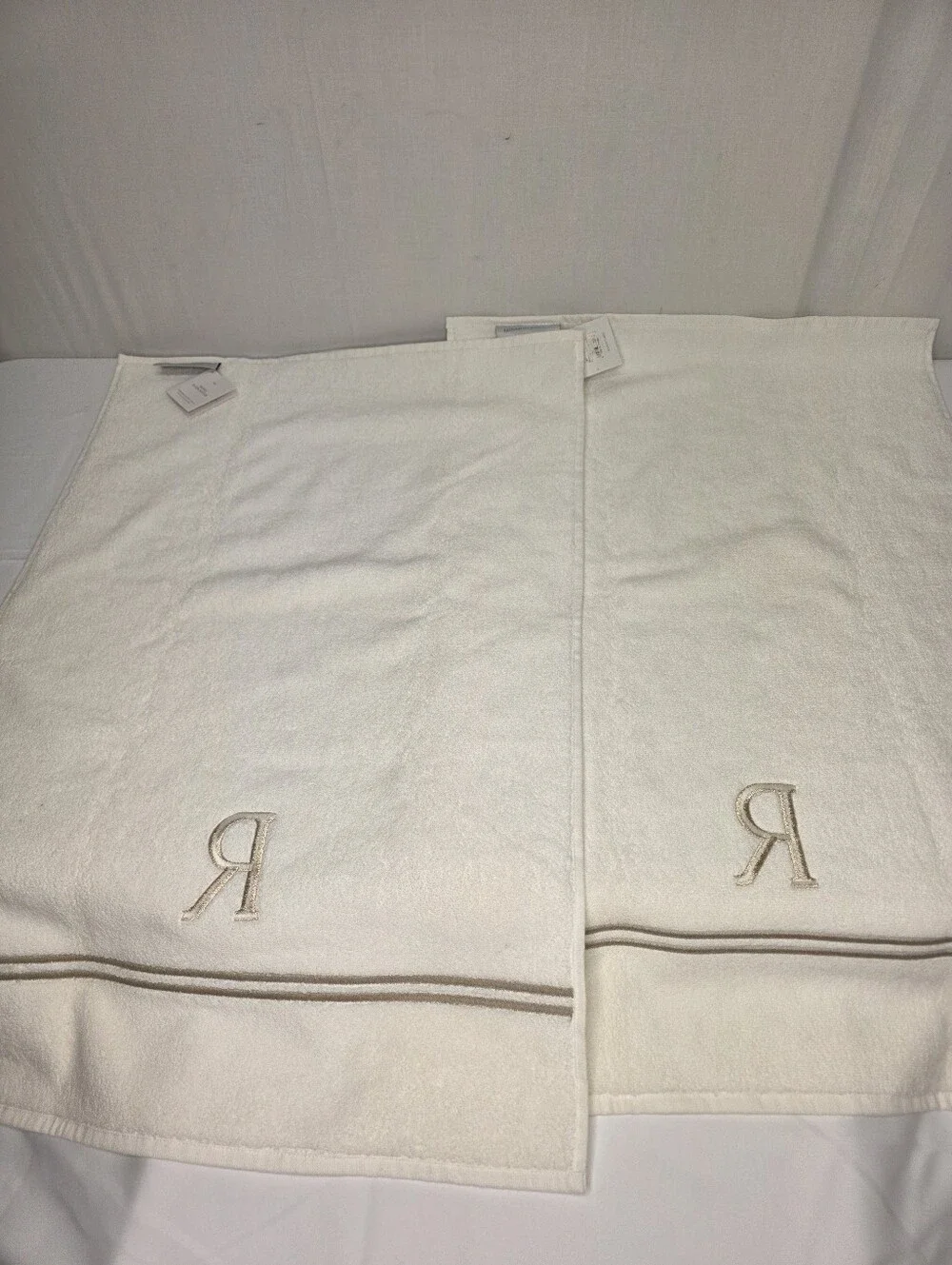 Restoration Hardware NWT Monogram R Hotel Satin Stitch Hand Towels Set of 2 Crea